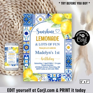 May include: A birthday invitation with a lemon and tile design. The invitation reads "Sunshine Lemonade & Lots of Fun" and includes event details. A smartphone displays the invitation design. The invitation measures 5" x 7".