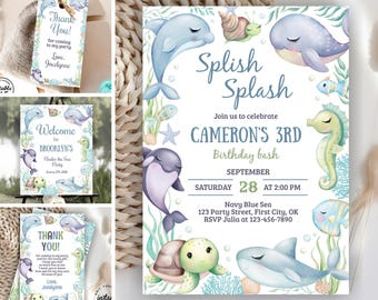 Sea Bundle Birthday invitation / boy / ocean / Nautical / blue / under the sea invite / animals turtle whale shark fish / sailing BDSea1 180