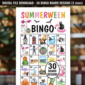 May include: A digital download featuring 30 "Summerween" bingo board designs. The colorful boards include Halloween and summer-themed illustrations, such as ghosts, bats, and flamingos. The word "BINGO" is prominently displayed.