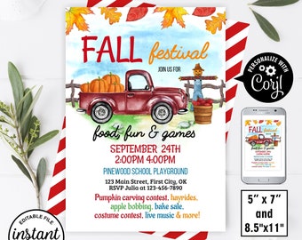 Op de afbeelding: Een herfstfestival uitnodiging met een aquarel ontwerp. Het ontwerp toont een rode vrachtwagen met pompoenen, een vogelverschrikker en de tekst "Fall Festival". Extra tekst bevat evenementdetails en activiteiten. Beschikbaar in 5" x 7" en 8,5" x 11".