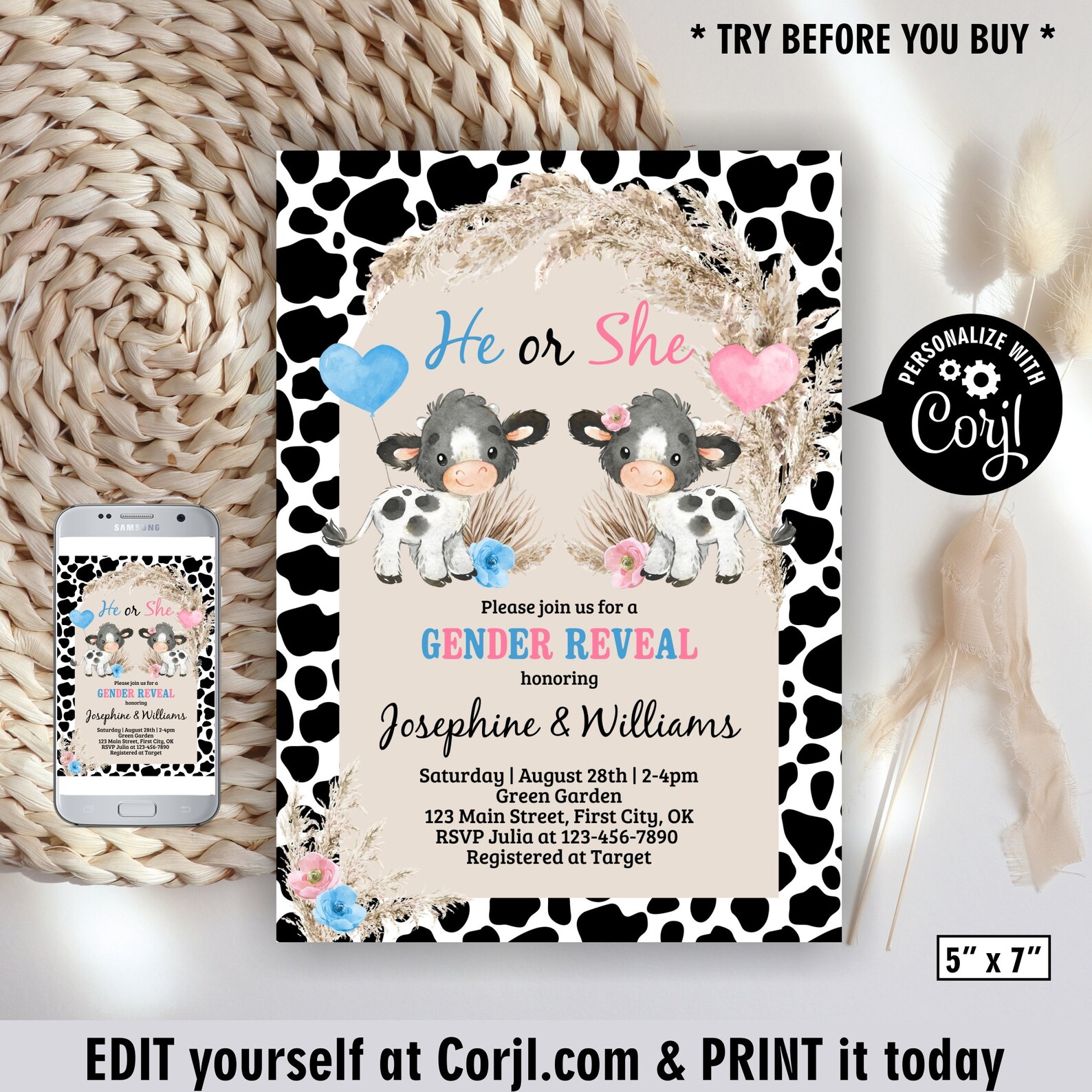 Cow / Gender Reveal Invitation / Pink / Blue / Farm Animals / Etsy UK