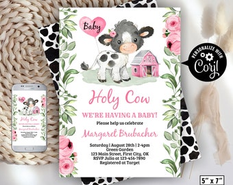 Cow / invitation / pink flowers / greenery / floral / cowgirl / farm animals / baby shower / girl / invite / balloon / barn /BSCow12/ 112