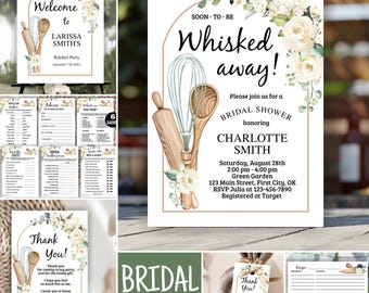 May include: A bridal shower stationery bundle featuring a white background with a gold arch frame, watercolor cream roses, and eucalyptus. The design includes a whisk, wooden spoon, and rolling pin, with text detailing event information.