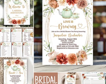Tea bundle bridal shower / Love is brewing / grandmillennial / fall / autumn / boho / gold / coffee / Brunch / Floral Par-Tea BRTea1 216