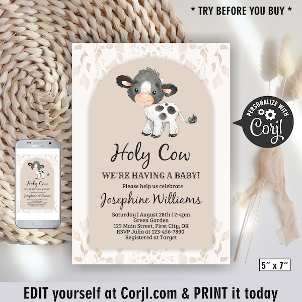 Cow / farm / animals / boho / baby shower / neutral / cream / cowboy / cowgirl / invitation / diaper / book / girl / boy / invite BSC46 112