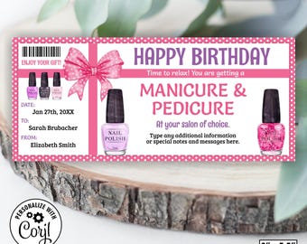 Manicure and Pedicure Ticket / Nail Salon Gift Certificate Birthday Surprise Mani Pedi Voucher Nail Salon Spa Voucher Coupon Holiday GC8 248