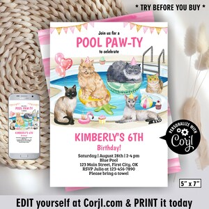 Pool Paw-ty / Cat / Luau / Aloha / Invite / pink girl / Pool Party / Birthday Invitation / Breeds / Editable / beach BDCat3 217