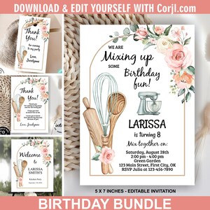 Puede incluir: Una plantilla de invitación de cumpleaños editable de 12,7 cm por 17,8 cm con ilustraciones en acuarela de un batidor, cuchara de madera, rodillo y batidora de pie, decorada con rosas rosas y blancas. El texto dice We are mixing up some birthday fun.