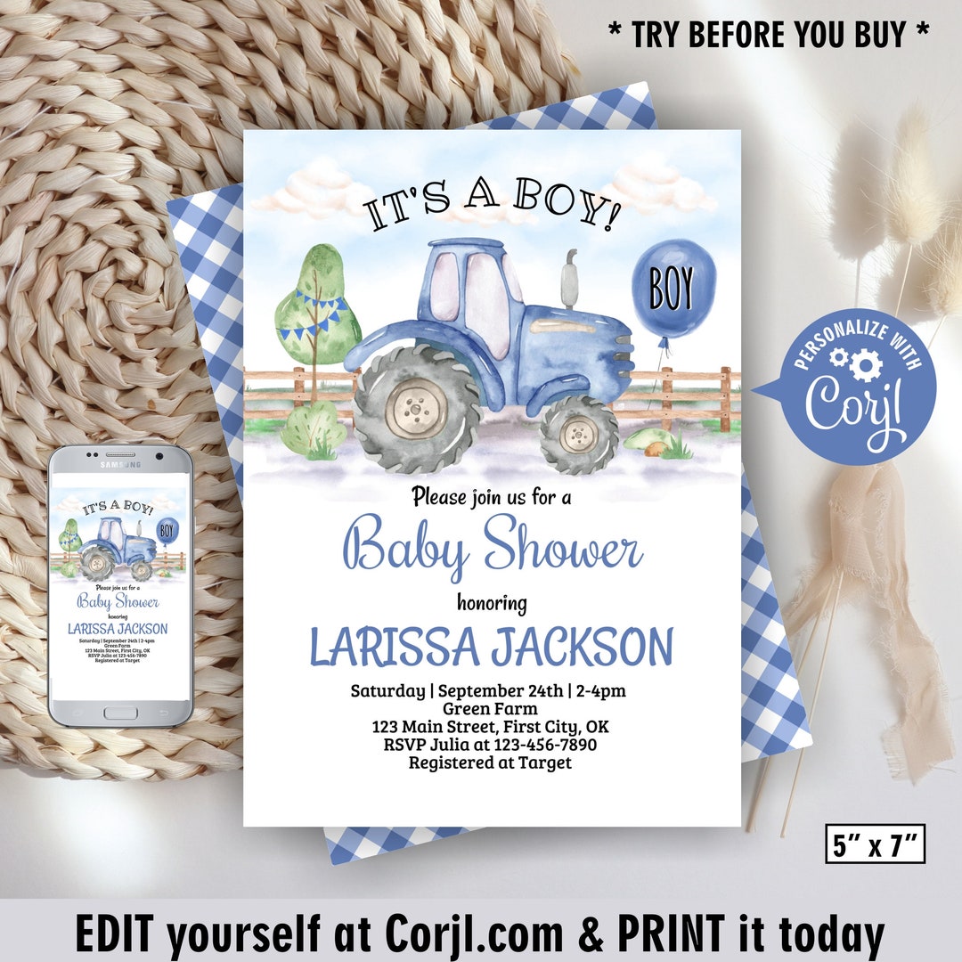 Baby / Blue / Tractor / Shower / Invitation / Invite / Farm / Boy ...