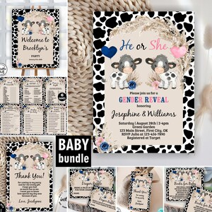May include: A gender reveal party stationery bundle featuring a cow print border, illustrations of two calves, pampas grass, and blue and pink heart balloons. The text includes He or She, GENDER REVEAL, Josephine & Williams, and event details.