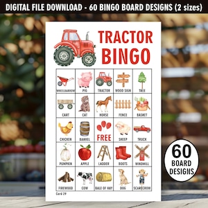 Roter Traktor / fertig befüllt / 60 DIGITALE DATEIEN Bingo Bretter / Tiere vom Bauernhof / Einladungskarten zum Geburtstag / Babyparty / Einladungen T2 03