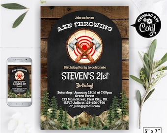 Axe throwing / Any age / 30th 40th 50th / Lumberjack / Birthday Invitation / woodland party / wood Invite Wilderness chalkboard BDAxe6 167