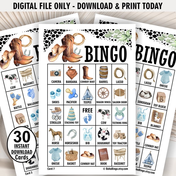 Prefilled 30 / Cowboy / Bingo Cards / horse / baby shower / game farm animals western rodeo blue cowboy boots hat PDF files CW2 112