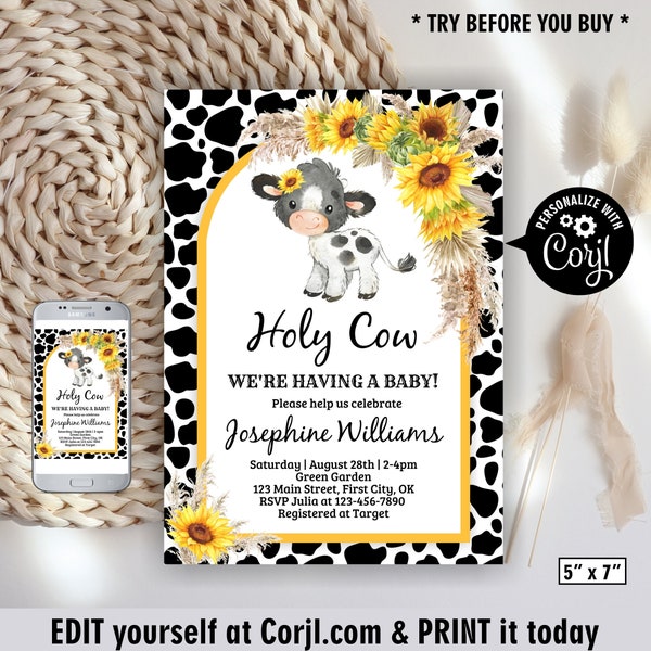 Cow / sunflower / baby shower invitation / farm animals / fall autumn / Pampas grass / neutral boho invite / holy cow cowgirl cowboy C29 112