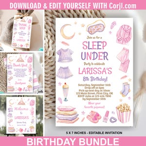 May include: A 5x7 inch editable birthday invitation bundle featuring watercolor illustrations of pajamas, a sleep mask, pillows, popcorn, and a milkshake. The text reads: Join us for a SLEEP UNDER Party to celebrate LARISSA'S 8th Birthday!