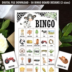 Préremplies / Vache / Cartes de bingo / 50 fichiers / animaux de la ferme / baby shower d'anniversaire / images étiquetées pour le jeu / cartes de visite / fichiers PDF BCow1 112