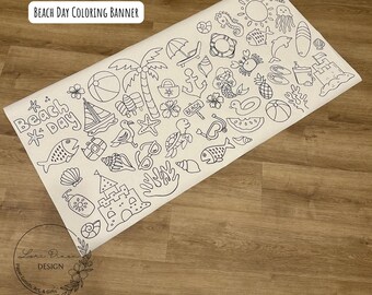 Day at the Beach coloring banner, coloring tablecloth, large coloring page