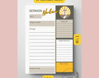 May include: A notepad with 50 tear-away sheets for sermon notes. It includes sections for date, speaker, message, scripture, prayer requests, and main theme. The notepad is 14 cm by 21.6 cm, with a yellow and grey design.