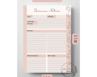 May include: A notepad with 50 tear-away sheets for sermon notes. The notepad includes sections for date, speaker, scripture passage, message, prayer requests, and main theme. It has a floral design and measures 14 x 21.6 cm.