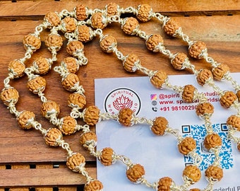 Pure Silver Rudraksha Mala: 5 Mukhi Shiva Rosary, Japa Meditation