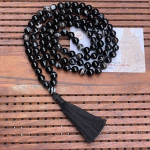 Black Sulemani Hakik 8mm Mala beads Certified Necklace 108 1 beads Energised Japa mala Yoga Karma Nirvana Meditation Chanting image 4