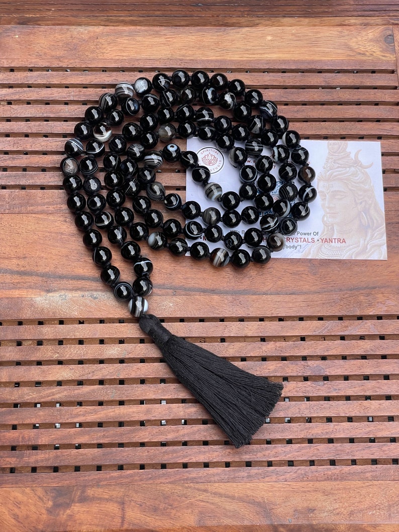 Black Sulemani Hakik 8mm Mala beads Certified Necklace 108 1 beads Energised Japa mala Yoga Karma Nirvana Meditation Chanting image 4