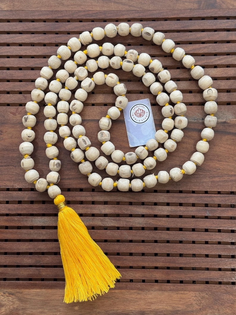 Natural Tulsi Mala 108 Beads | Handmade Japa Mala for Meditation & Prayer | Tulsi Wood Rosary | Spiritual Hindu Necklace | Krishna Chanting image 2