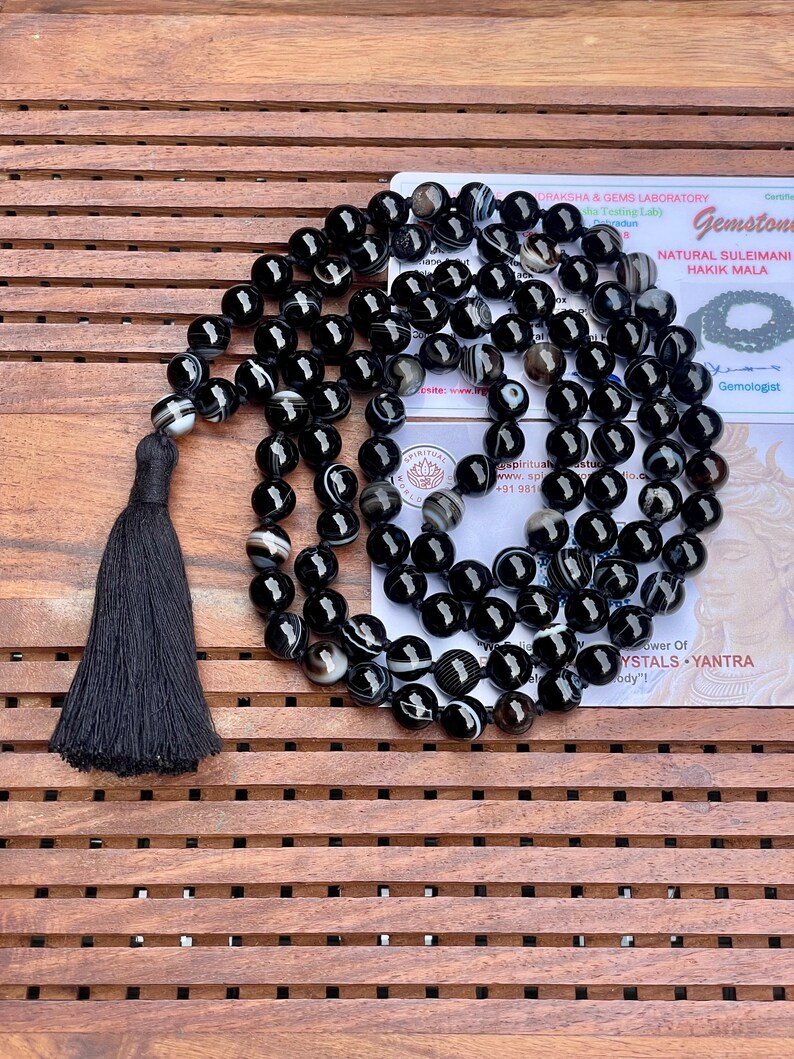 Black Sulemani Hakik 8mm Mala beads Certified Necklace 108 1 beads Energised Japa mala Yoga Karma Nirvana Meditation Chanting image 2