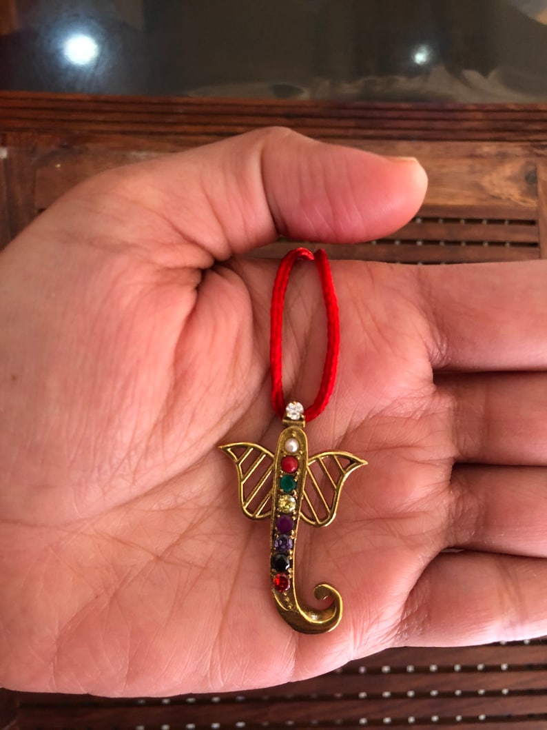 Healing pendant with auspicious red thread Navratna Nine stone Planetary Ganesha pendant