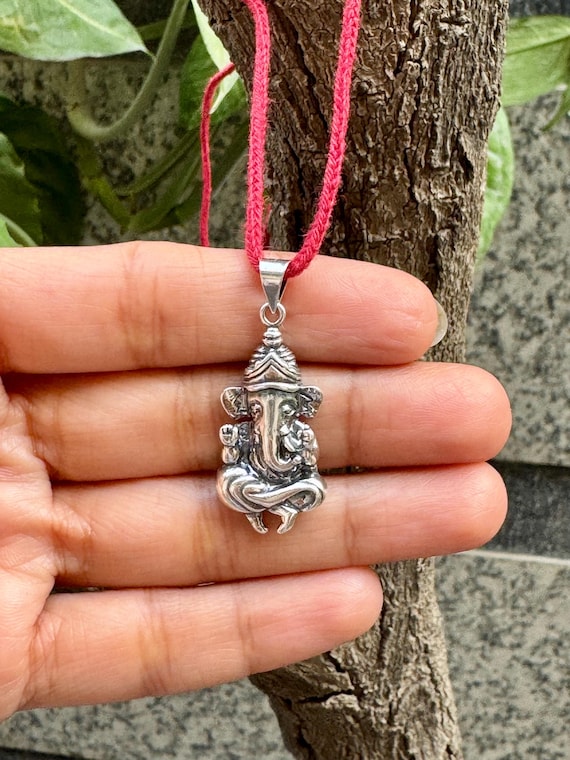 925 sterling silver Ganesha pendant, Healing pendant with auspicious red thread