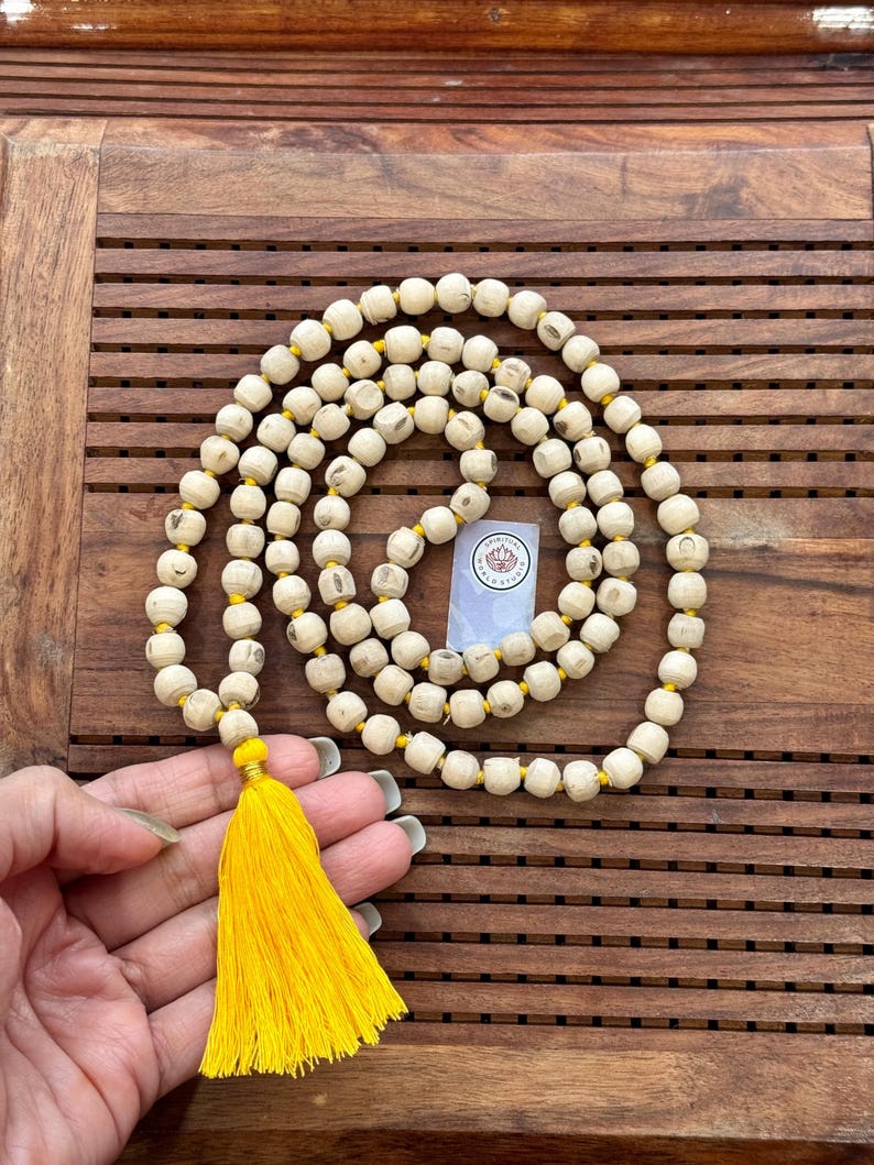 Natural Tulsi Mala 108 Beads | Handmade Japa Mala for Meditation & Prayer | Tulsi Wood Rosary | Spiritual Hindu Necklace | Krishna Chanting image 3