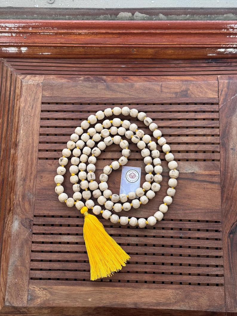 Natural Tulsi Mala 108 Beads | Handmade Japa Mala for Meditation & Prayer | Tulsi Wood Rosary | Spiritual Hindu Necklace | Krishna Chanting image 1