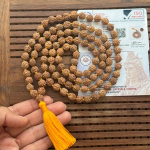 Lab‑Certified 108+1 Bead 5 Mukhi Rudraksha Mala | 8 mm Meditation Prayer Necklace | Healing Yoga Japa Beads with Certificate