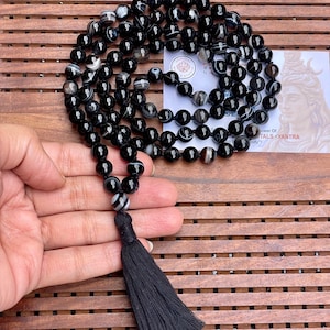 Black Sulemani Hakik 8mm Mala beads Certified Necklace 108 1 beads Energised Japa mala Yoga Karma Nirvana Meditation Chanting image 5