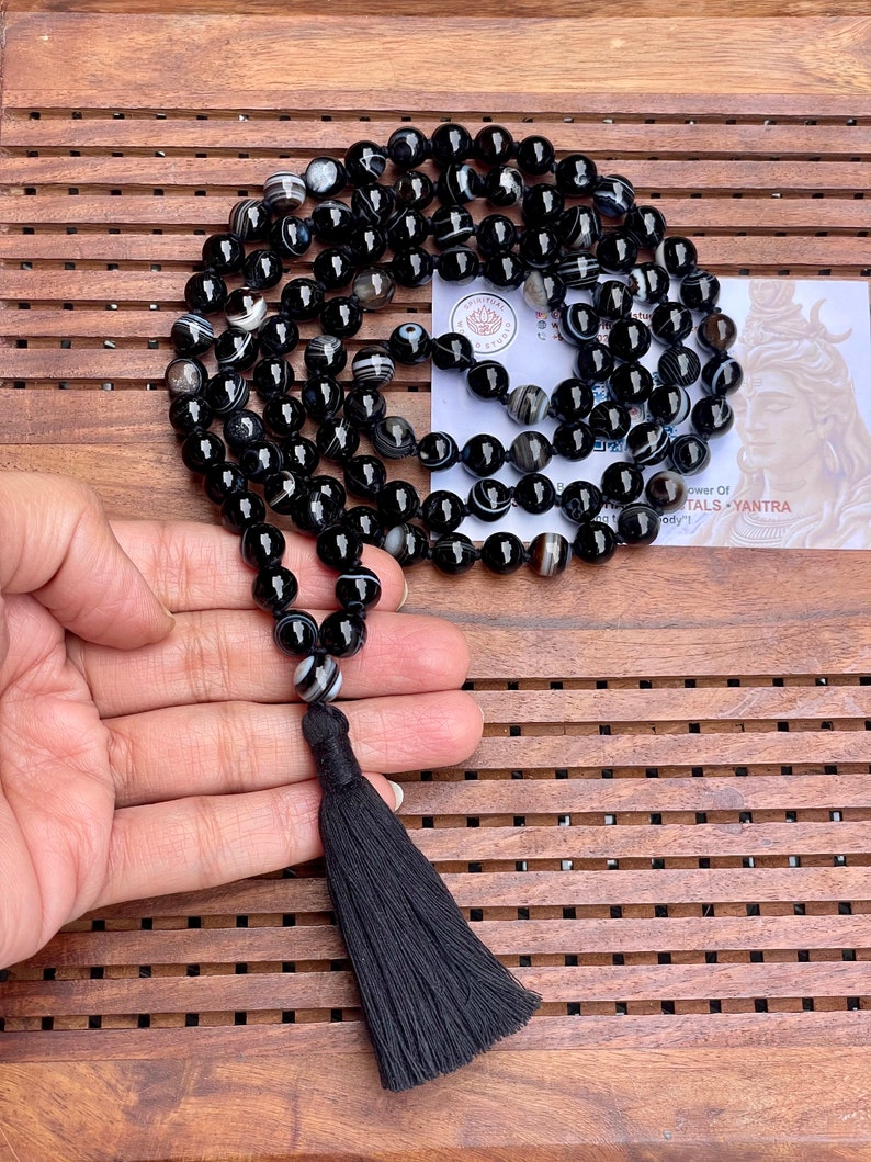 Black Sulemani Hakik 8mm Mala beads Certified Necklace 108 1 beads Energised Japa mala Yoga Karma Nirvana Meditation Chanting image 5