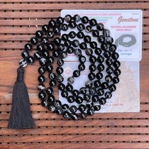 Black Sulemani Hakik 8mm Mala beads Certified Necklace 108 1 beads Energised Japa mala Yoga Karma Nirvana Meditation Chanting image 1