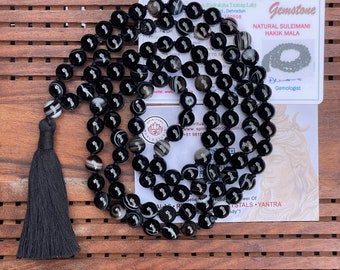 Collier certifié noir Sulemani Hakik 8 mm perles mala - 108 + 1 perles Japa mala énergisé yoga karma nirvana méditation chant