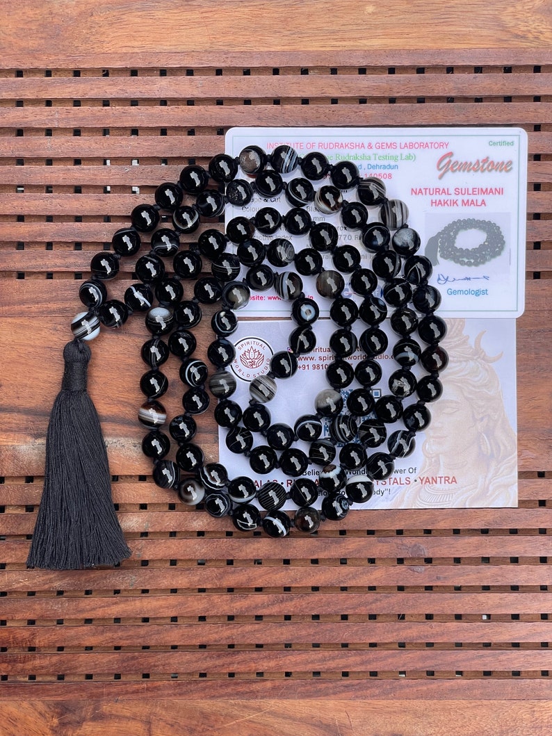 Black Sulemani Hakik 8mm Mala beads Certified Necklace 108 1 beads Energised Japa mala Yoga Karma Nirvana Meditation Chanting image 1