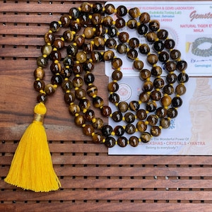 Certified Tiger Eye Japa Mala 108 Beads - Protection & Courage - Hand-Knotted Prayer Beads - Meditation Mala for men and women