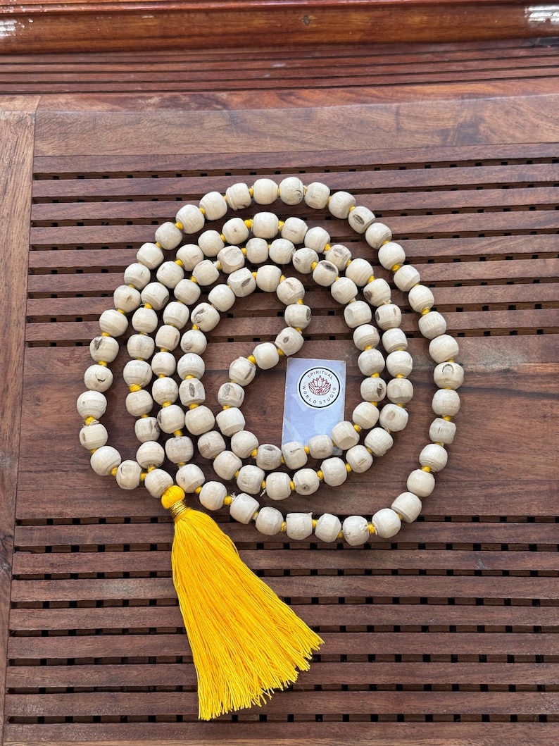 Natural Tulsi Mala 108 Beads | Handmade Japa Mala for Meditation & Prayer | Tulsi Wood Rosary | Spiritual Hindu Necklace | Krishna Chanting image 4