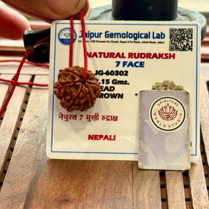 May include: A brown, natural Rudraksh bead with 7 faces, strung on a red cord. The bead is accompanied by a tag from Jaipur Gemological Lab, with text in English and Hindi. A small card from Spiritual World Studio is also present.