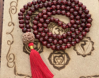 Red Sandalwood Japa Mala: 8mm Prayer Beads with Rudraksha Guru Bead