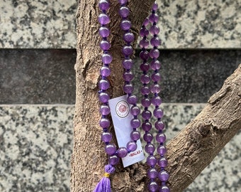 Collana di perle Mala di ametista mala da 8 mm, perline di preghiera Japa mala di ametista naturale energizzata Rosario per il canto della meditazione