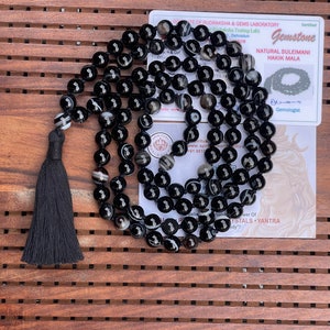 Black Sulemani Hakik 8mm Mala beads Certified Necklace 108 1 beads Energised Japa mala Yoga Karma Nirvana Meditation Chanting image 3