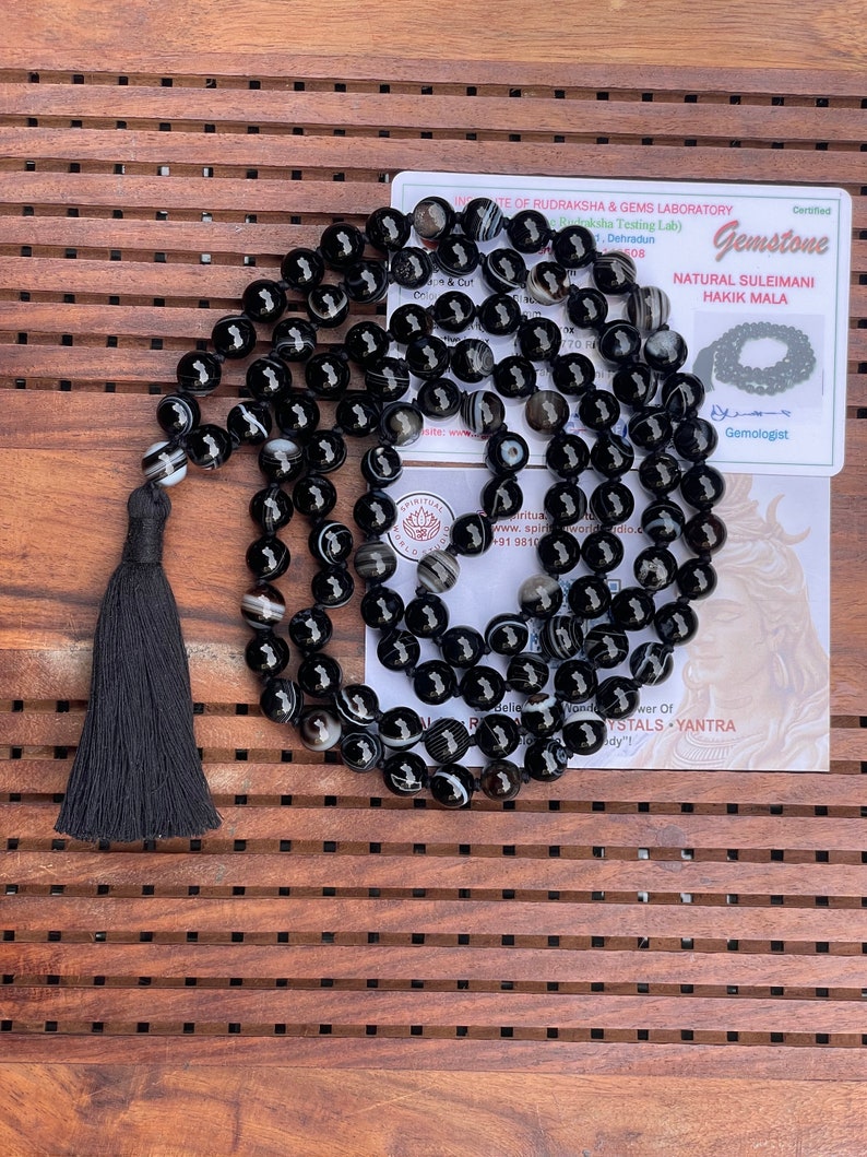 Black Sulemani Hakik 8mm Mala beads Certified Necklace 108 1 beads Energised Japa mala Yoga Karma Nirvana Meditation Chanting image 3