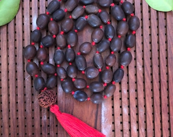 Lotus Seed Mala Necklace: Hand-Knotted Prayer Beads with Rudraksha