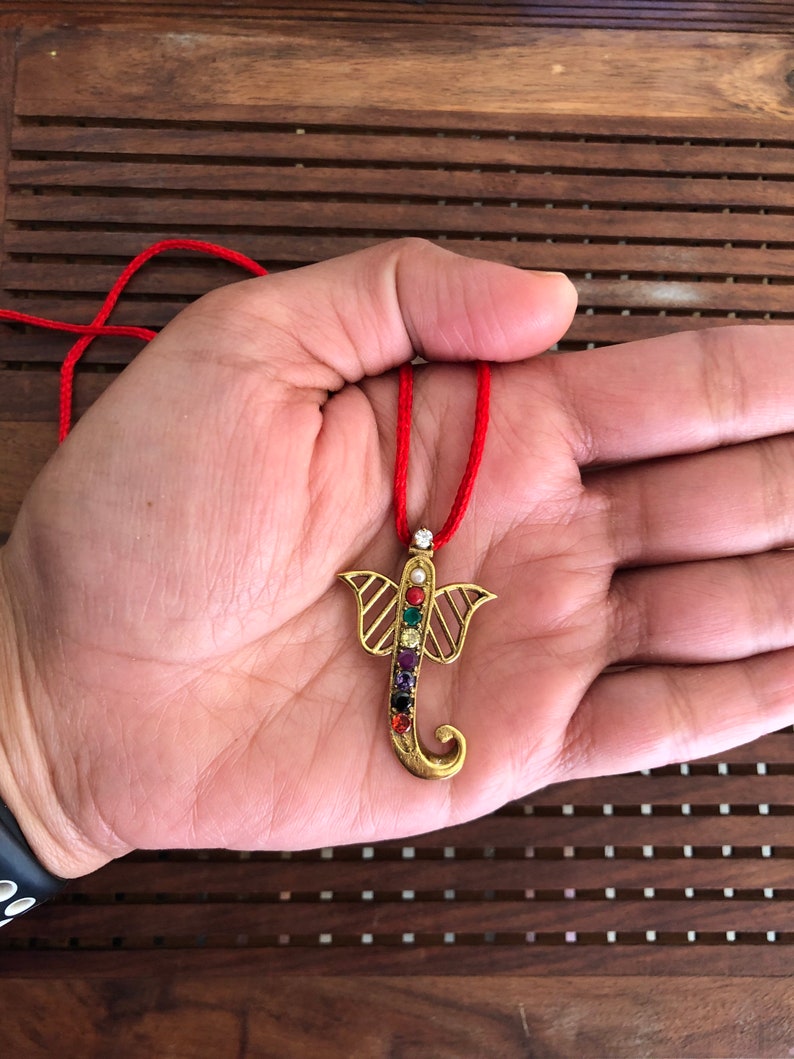 Healing pendant with auspicious red thread Navratna Nine stone Planetary Ganesha pendant