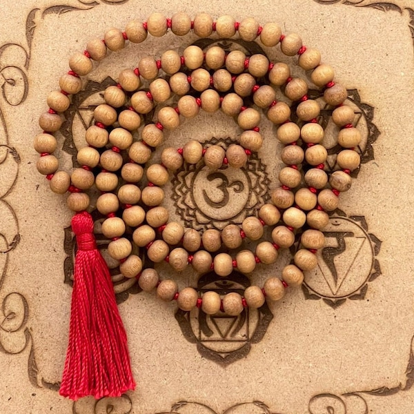 Collier mala en bois de santal 6 mm 8 mm 108 nœuds Japa mala en bois de santal - Collier de perles en bois Chapelet en bois de santal, chapelet hindou bouddhiste tibétain