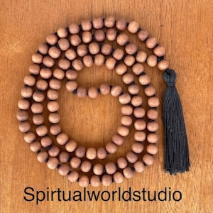 Sandalwood Japa Mala 108 Beads -  6mm & 8mm Options - Calming Meditation Tassel Mala -  Hand-Knotted Prayer Beads for men and women