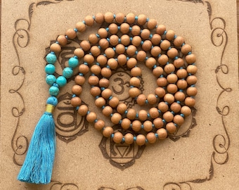 Chapelet 8 mm turquoise bois de santal - 108 + 1 perles chant mala japa